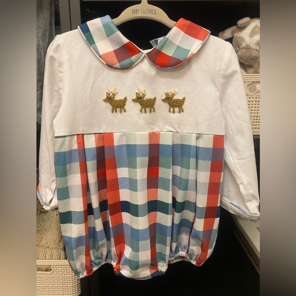 Plaid Toddler Bubble with Reindeer Embroidery